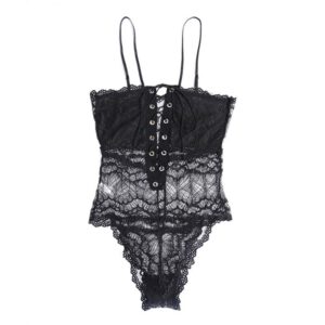 Women Sexy Lingerie Lace Babydoll Plunging Eyelash Teddy Bodysuit Sexy Lace-up Front Deep V Neck Eyelash Lace Bodysuit Lingerie