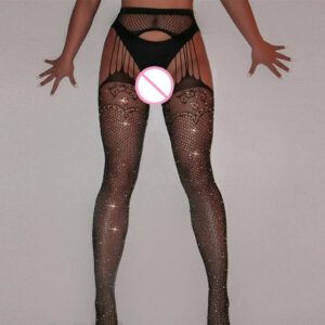 Sexy Women Tights Glitter Rhinestone Sexy Lace Stockings Female Thigh High Fishnet Embroidery Transparent Crotchless Pantyhose