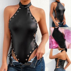 Women bodystocking Sexy crotchless Rivet One-piece Blackless Bodysuit Jumpsuit Teddy Lingerie Underwear body encaje mujer