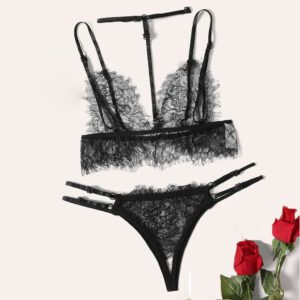 Erotic lingerie sexy Women V-Neck Floral Lace Halter Bra Open black Thong Black Lingerie Set S-2XL crotchless panties 401018